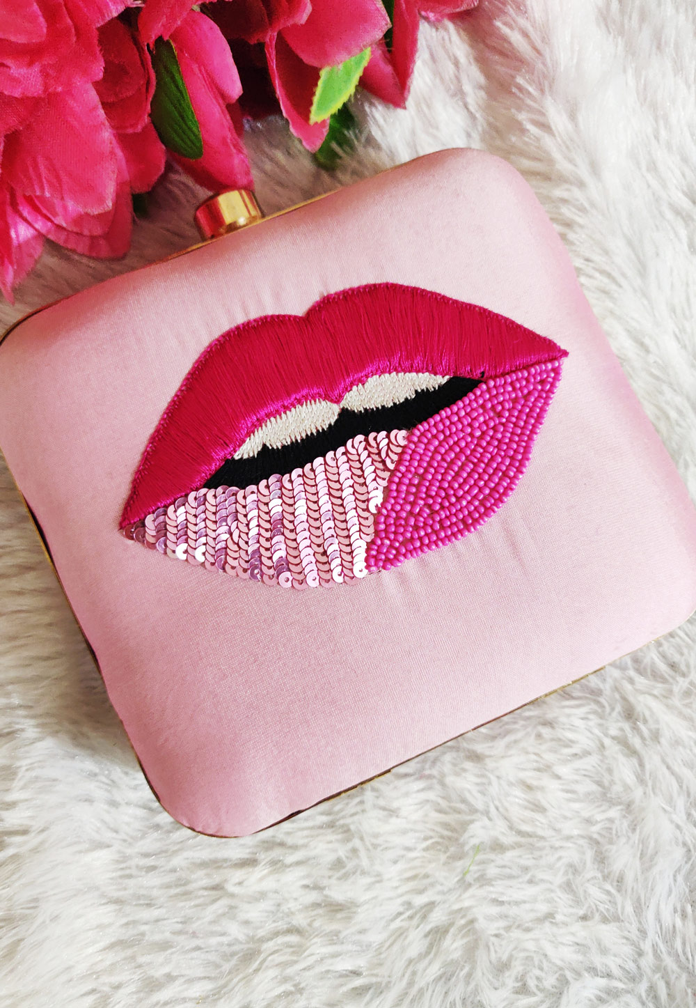 Pink Synthetic Embroidered Clutch 188289