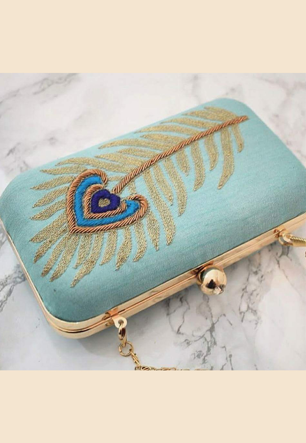 Sea Green Synthetic Embroidered Clutch 188306