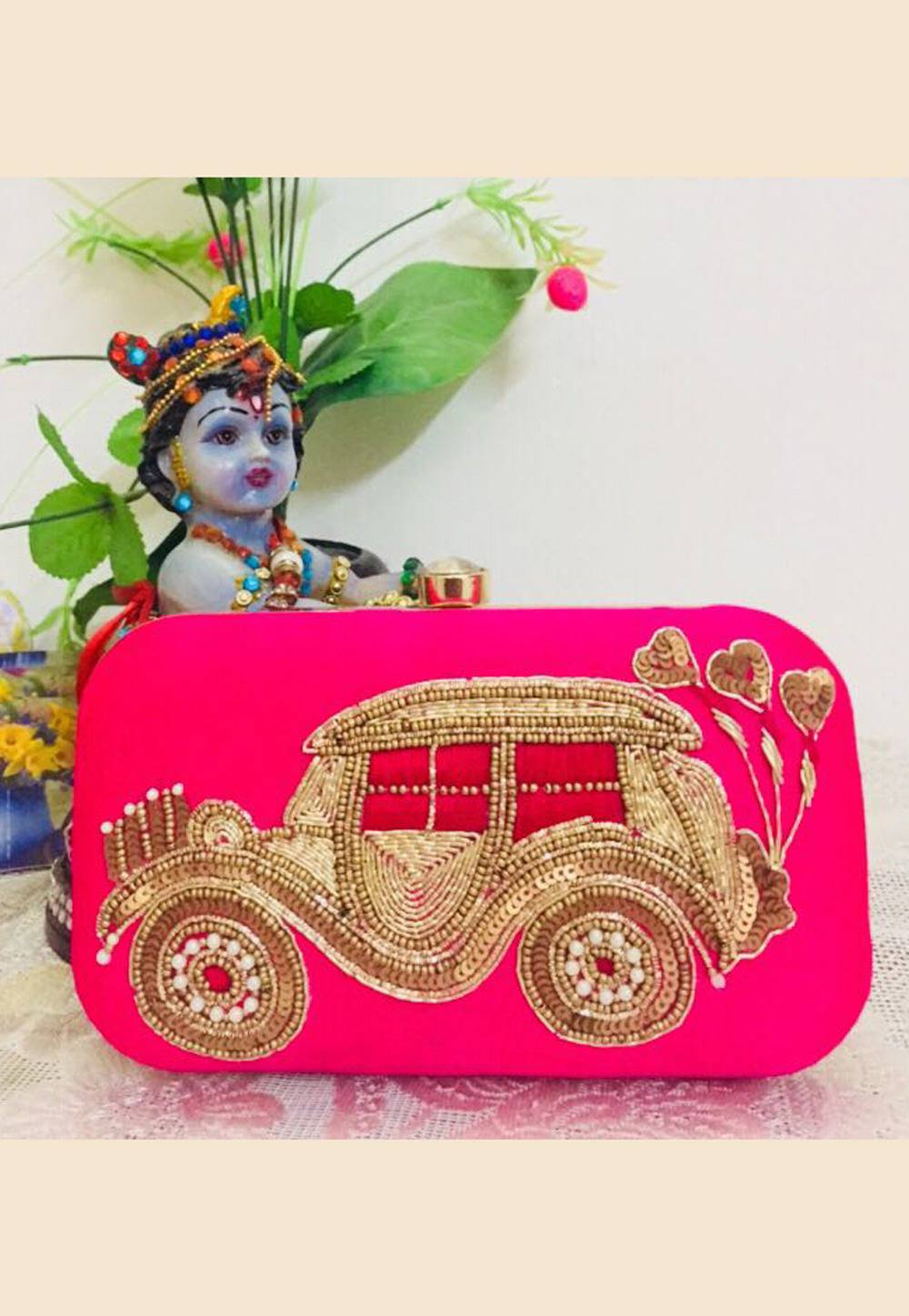Magenta Synthetic Embroidered Clutch 188316