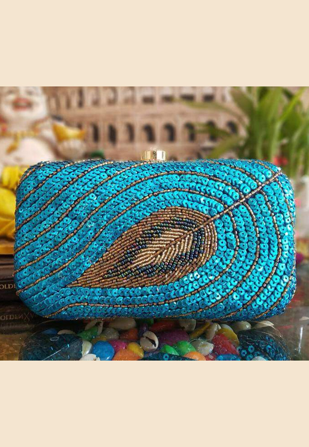 Blue Synthetic Embroidered Clutch 188324