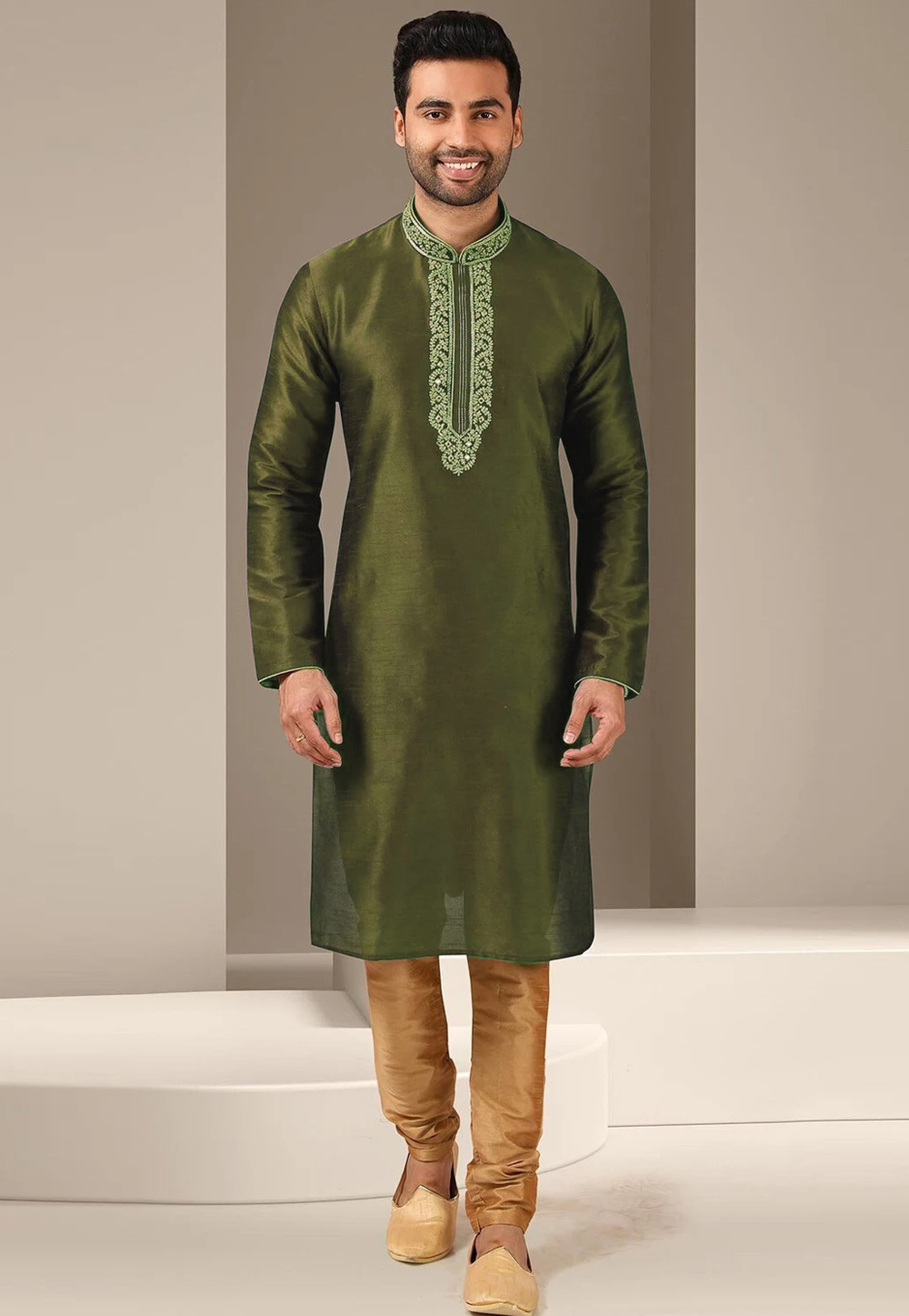 Mehndi Dupion Silk Kurta Pajama 270168