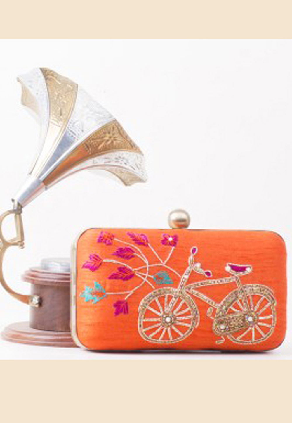 Orange Synthetic Embroidered Clutch 188337
