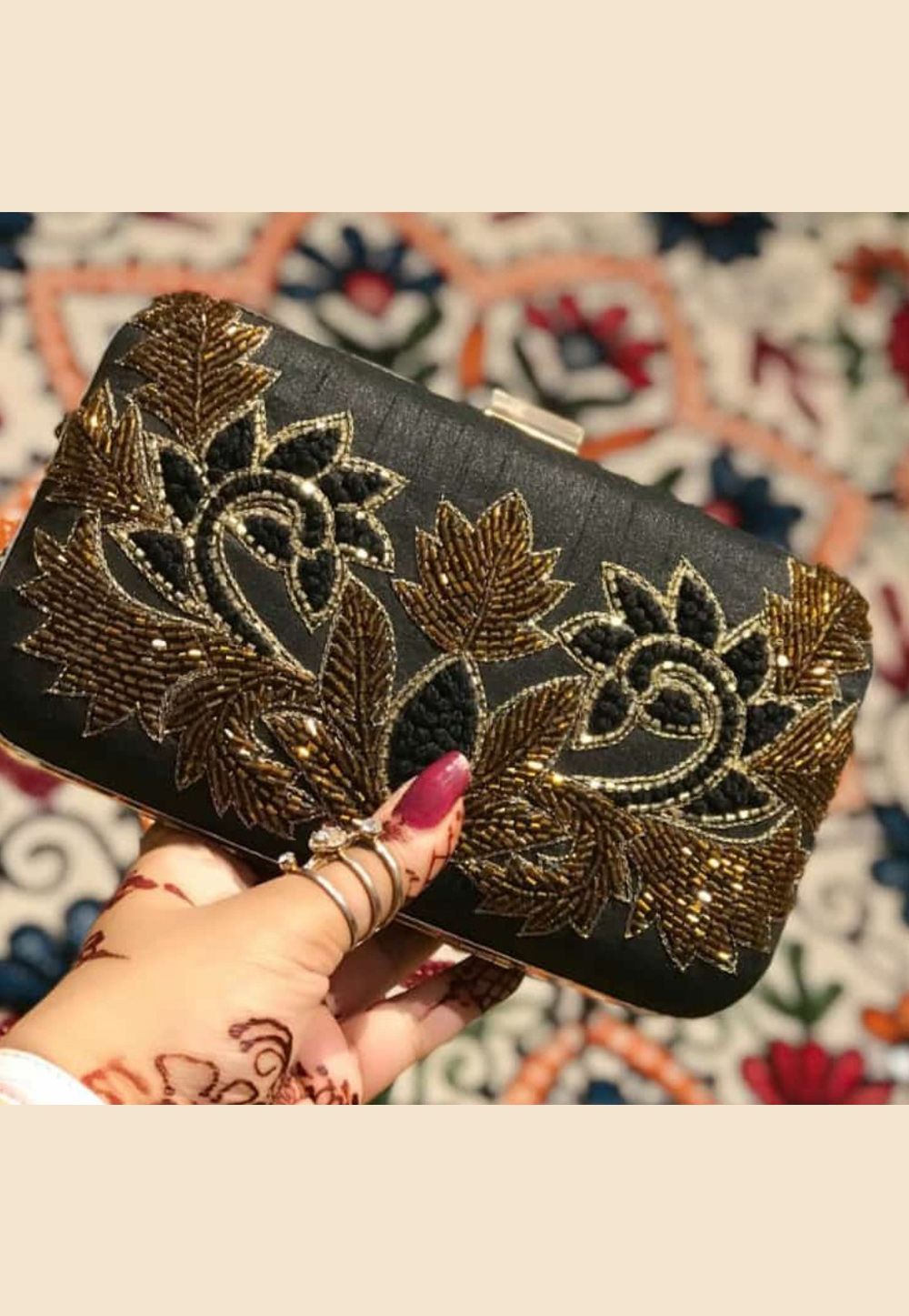 Black Synthetic Embroidered Clutch 188362