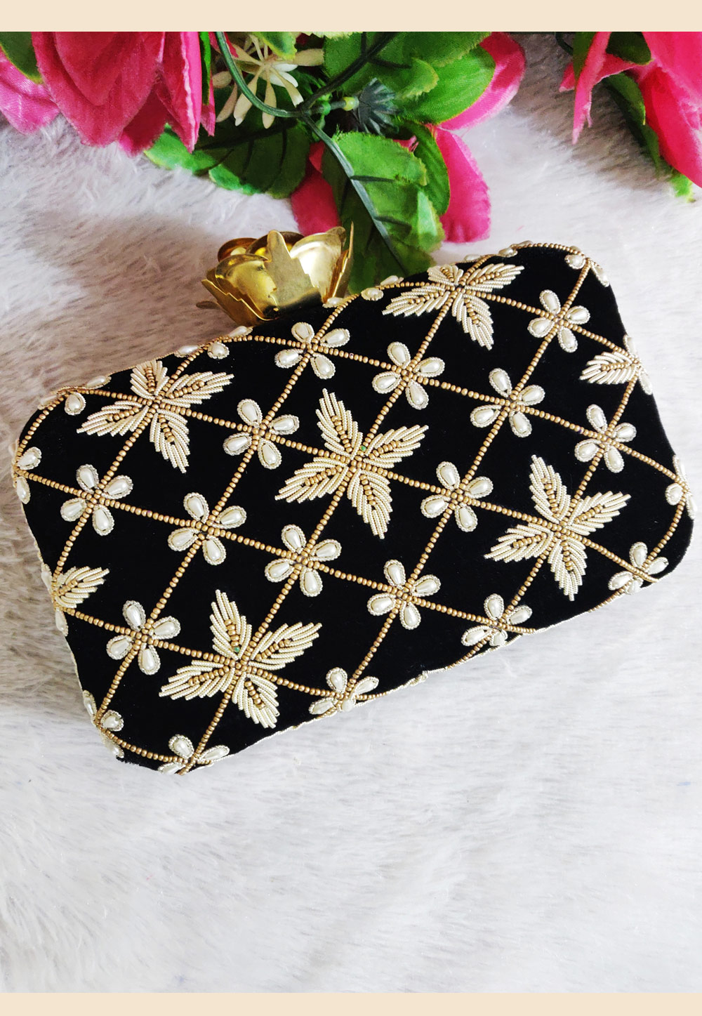 Black Synthetic Embroidered Clutch 188394
