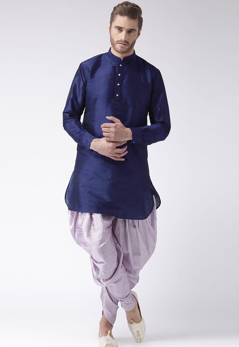 Navy Blue Dupion Silk Dhoti Kurta 270176