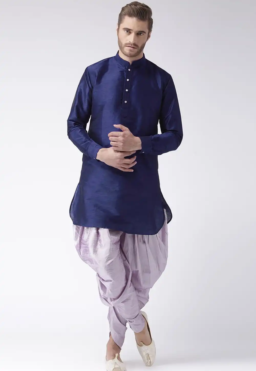 Navy Blue Dupion Silk Dhoti Kurta 270176