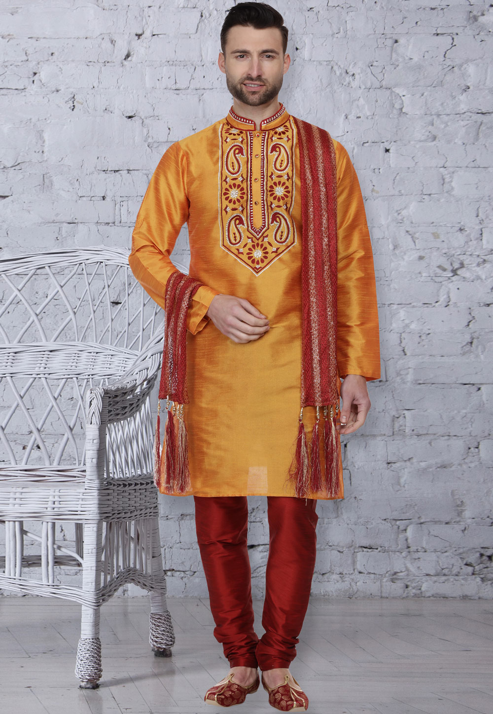 Yellow Dupion Silk Readymade Kurta Pajama 160942