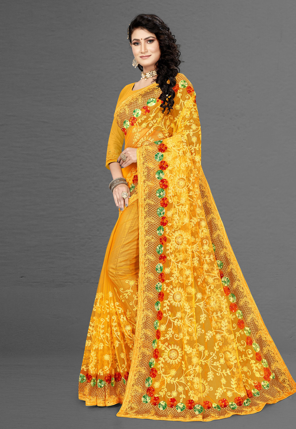 Yellow Net Festival Wear Saree 232978