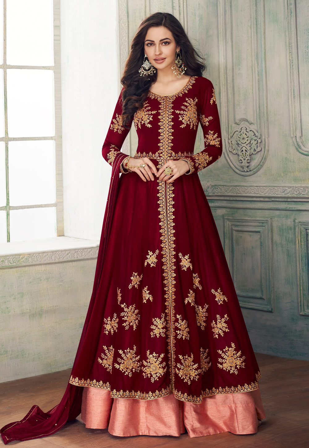 Maroon Georgette Embroidered Indo Western Lehenga Choli 166209