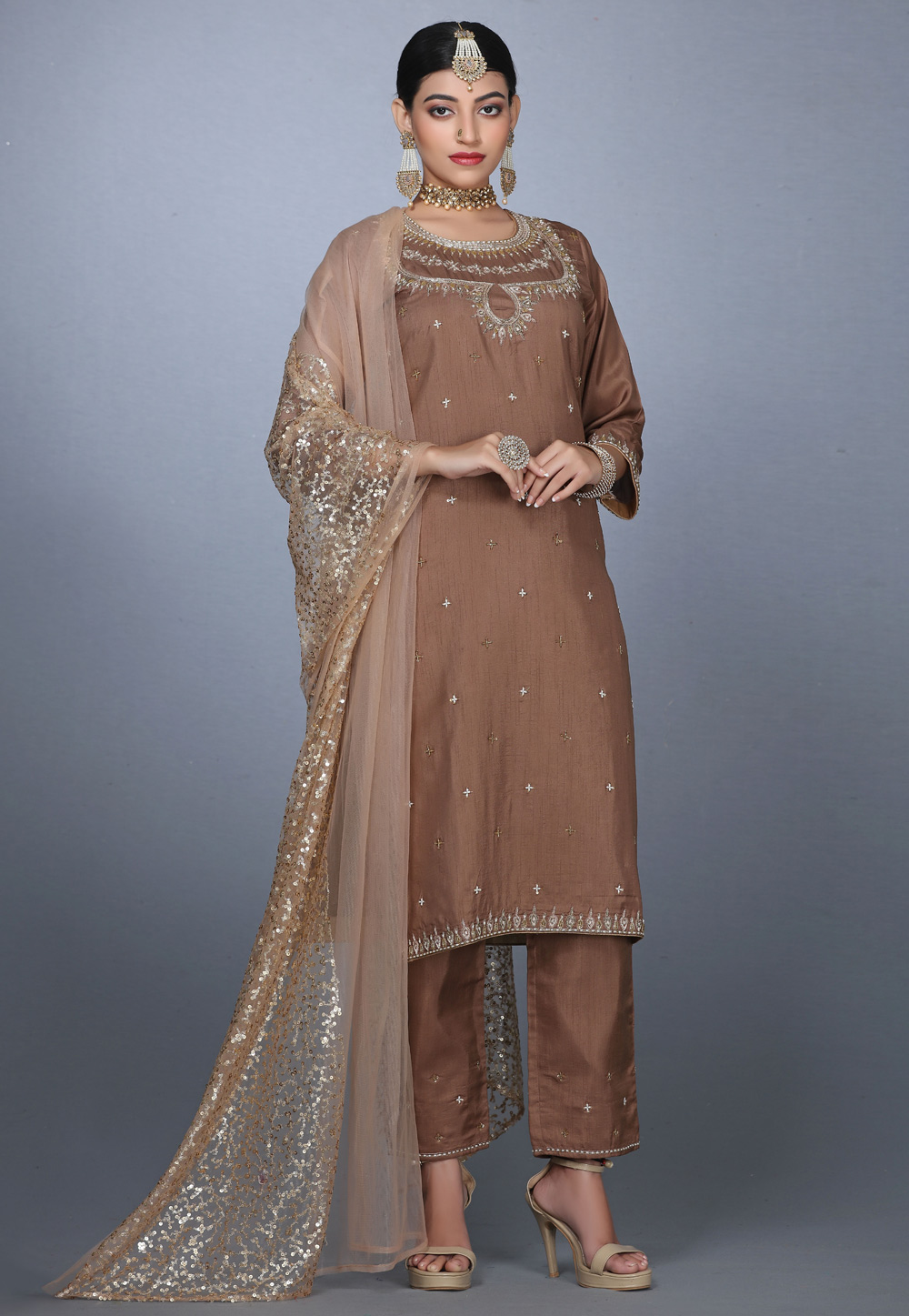 Brown Art Silk Handwork Palazzo Suit 240151