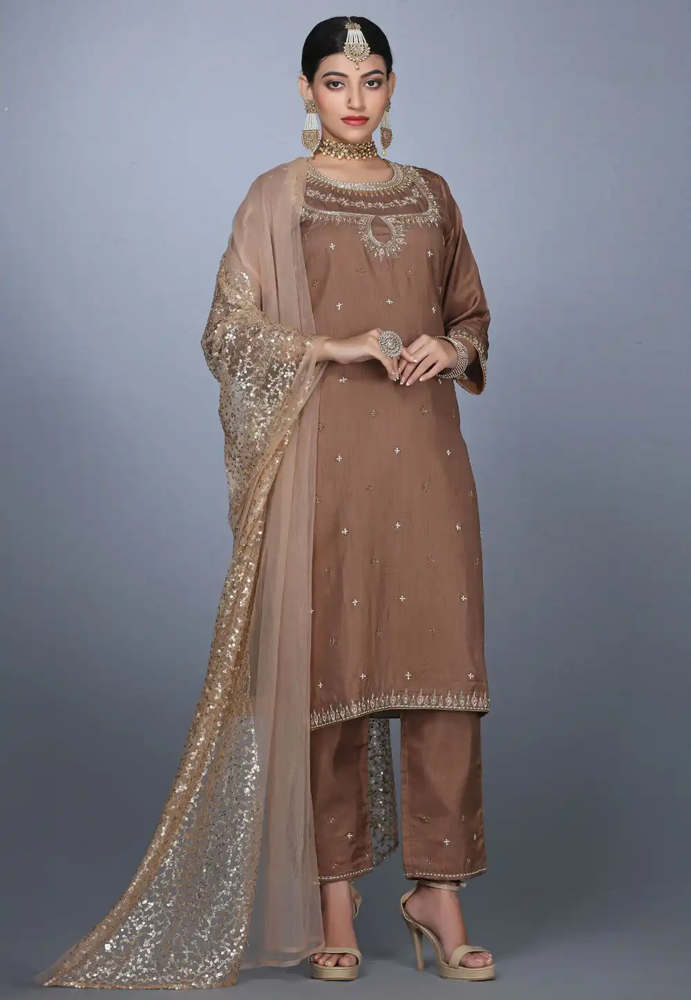 Brown Art Silk Handwork Palazzo Suit 240151