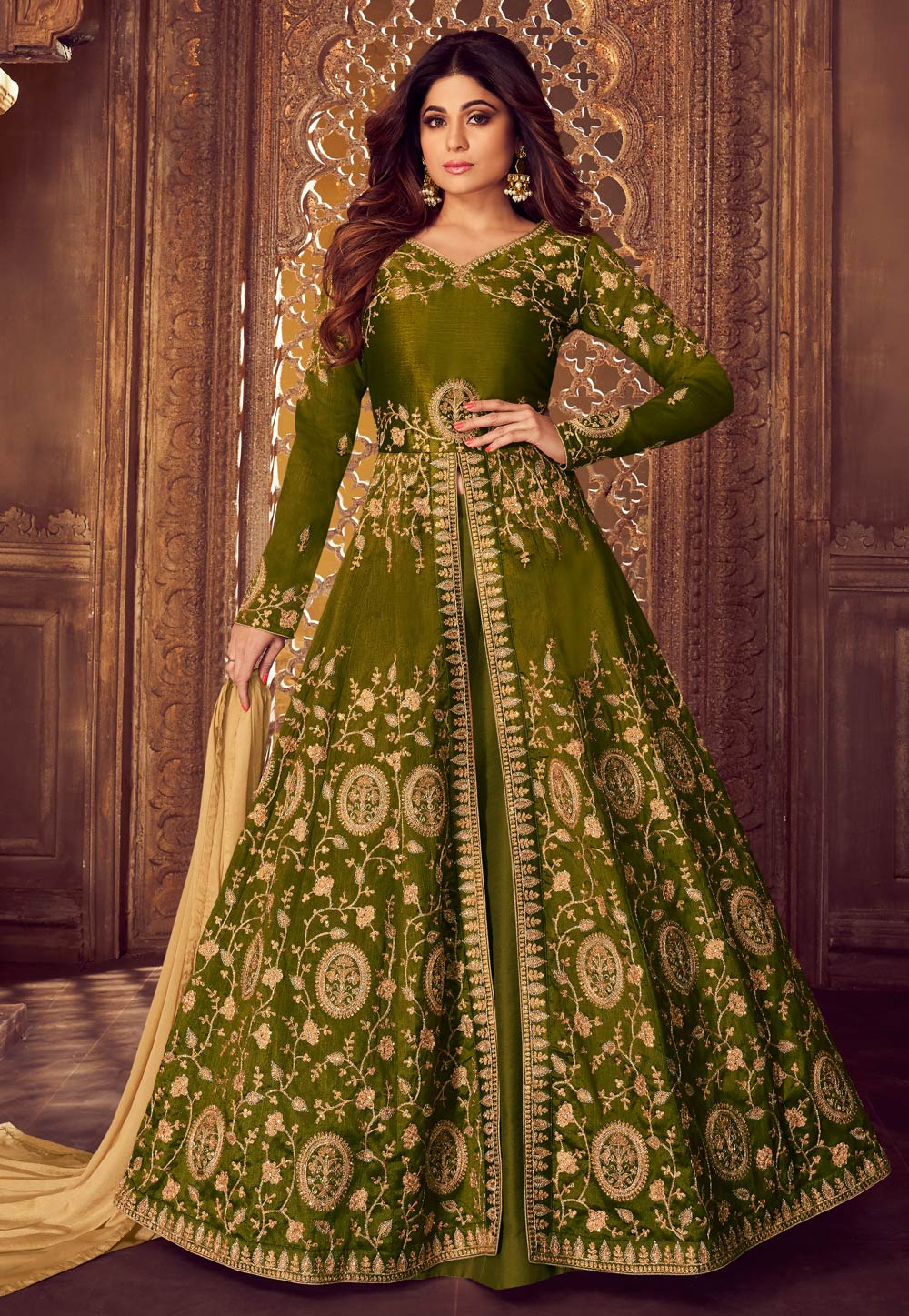 Shamita Shetty Green Silk Embroidered Indo Western Lehenga Choli 167893