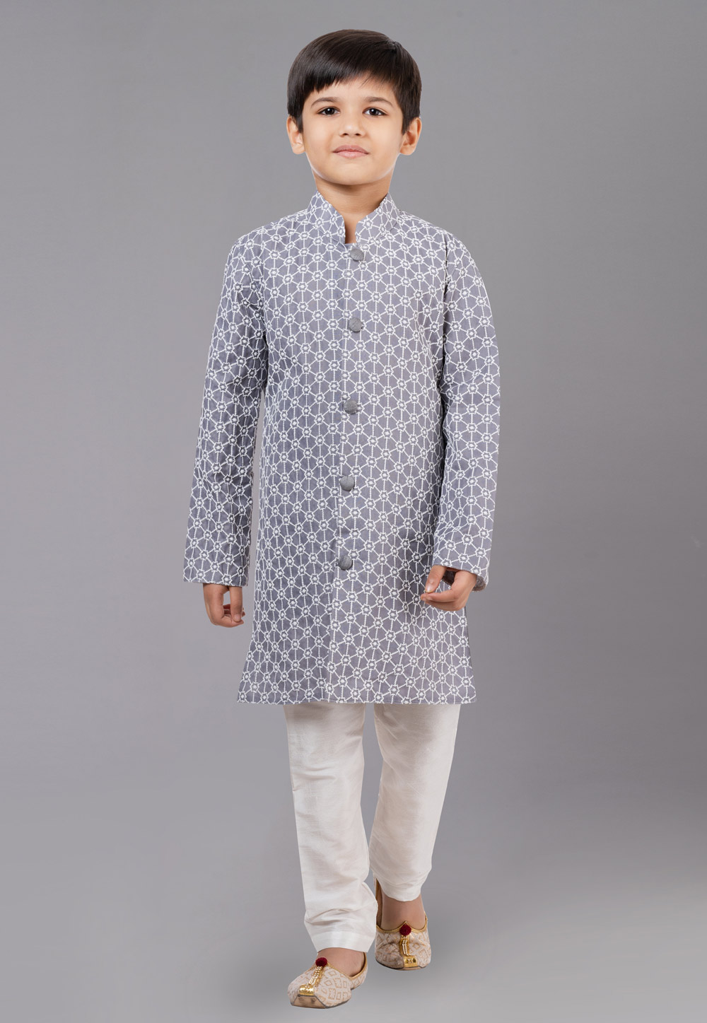 Grey Cotton Silk Readymade Kids Kurta Pajama 260619