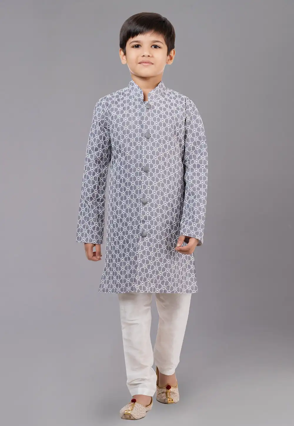 Grey Cotton Silk Readymade Kids Kurta Pajama 260619