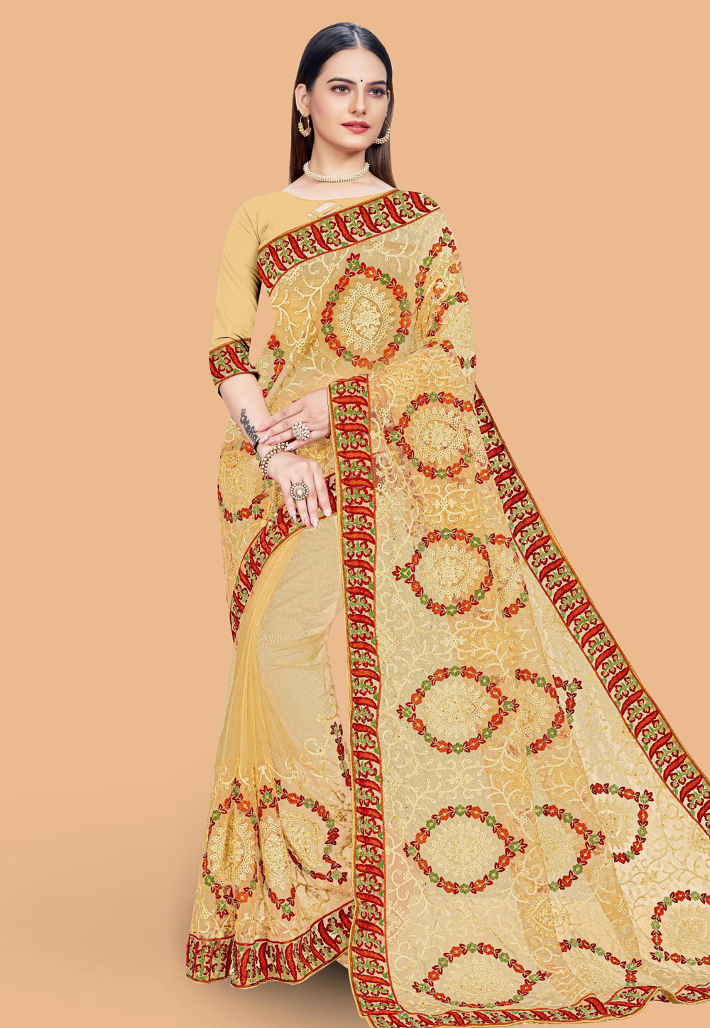 Beige Net Saree With Blouse 254688