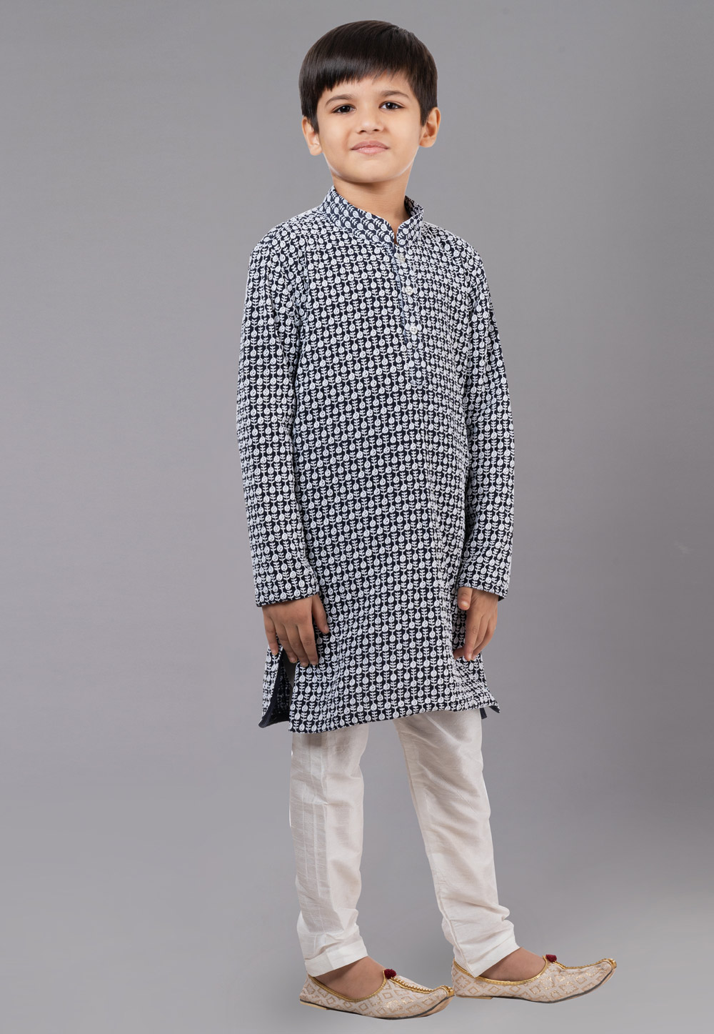 Navy Blue Georgette Readymade Kids Kurta Pajama 260622
