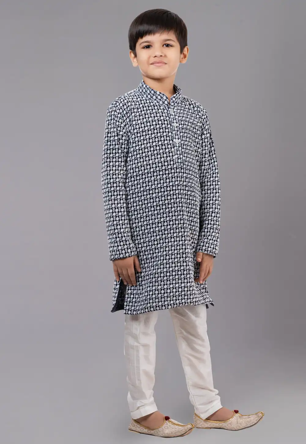 Navy Blue Georgette Readymade Kids Kurta Pajama 260622