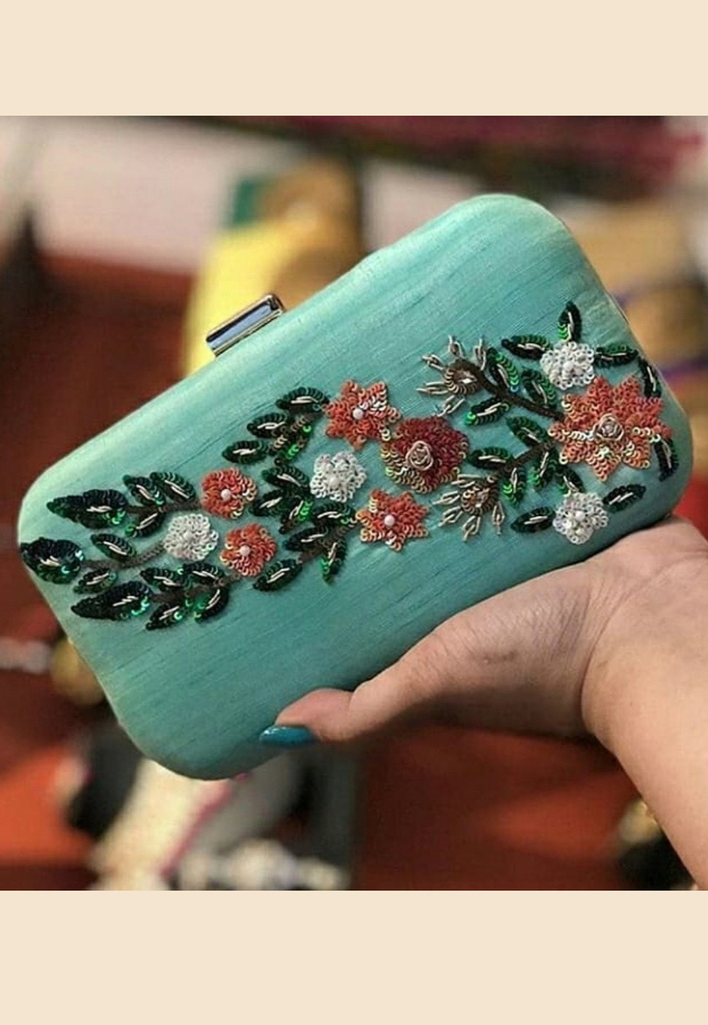 Sea Green Synthetic Embroidered Clutch 189265