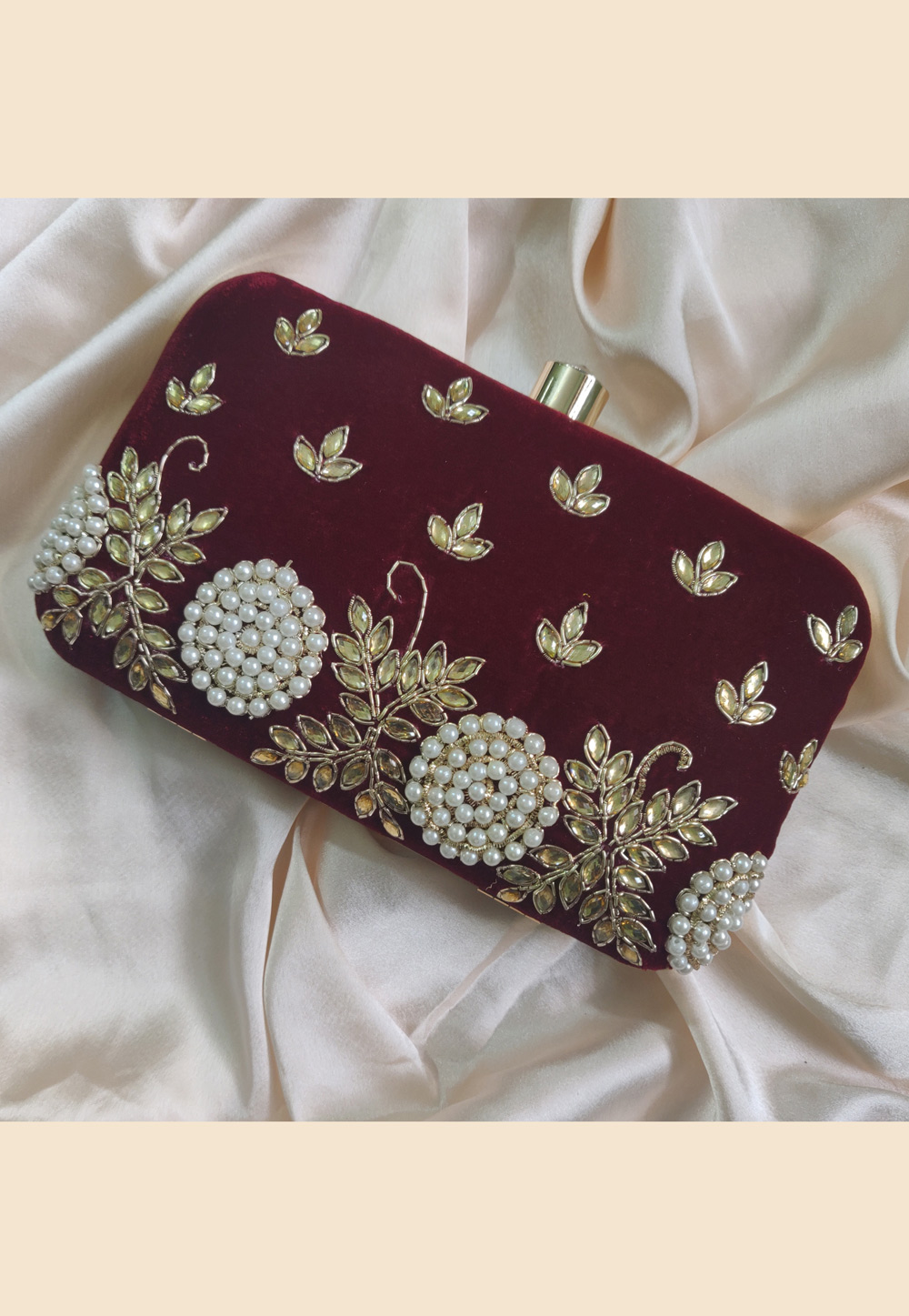 Maroon Synthetic Embroidered Clutch 189314