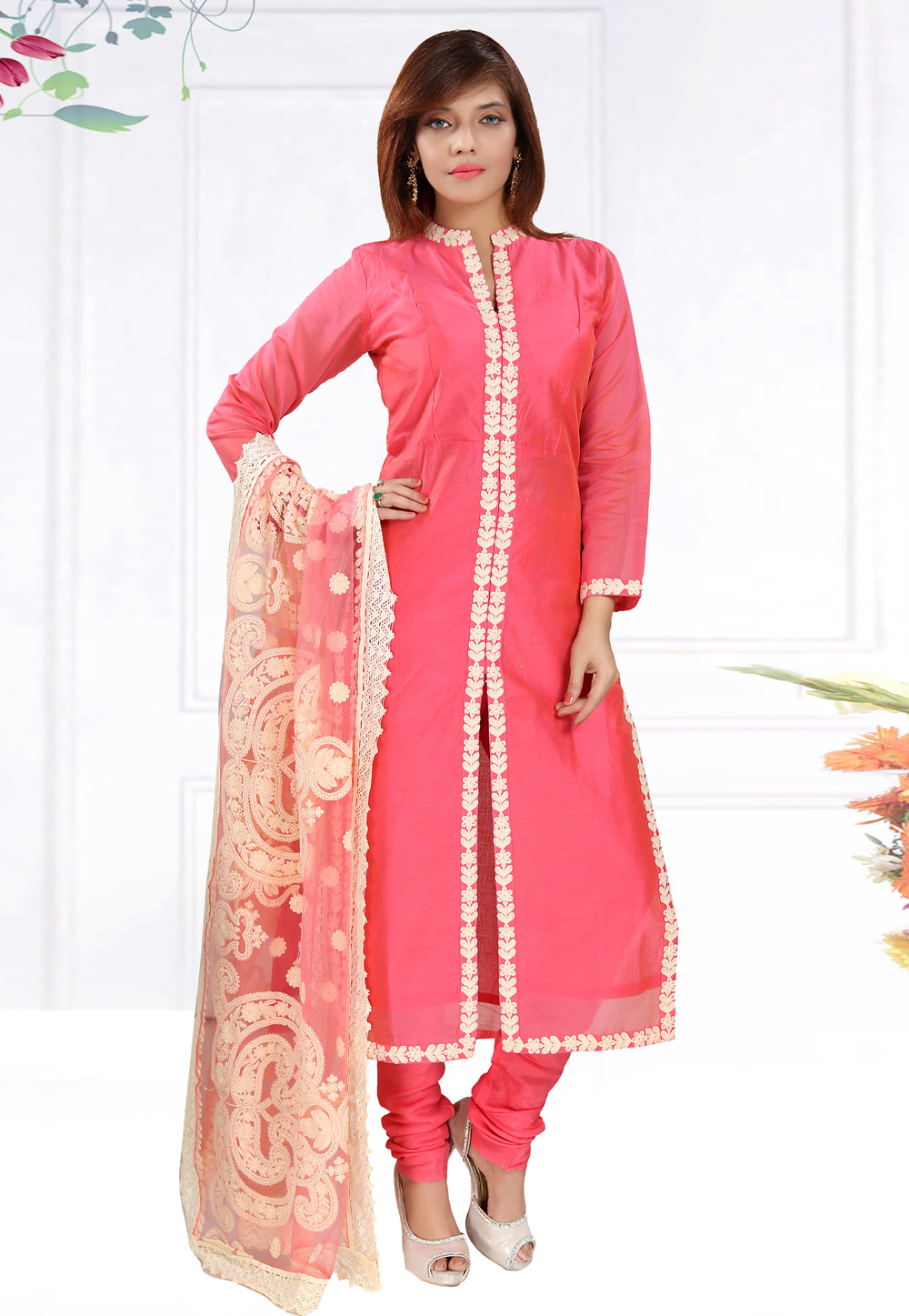 Pink Chanderi Silk Readymade Churidar Salwar Kameez 156011