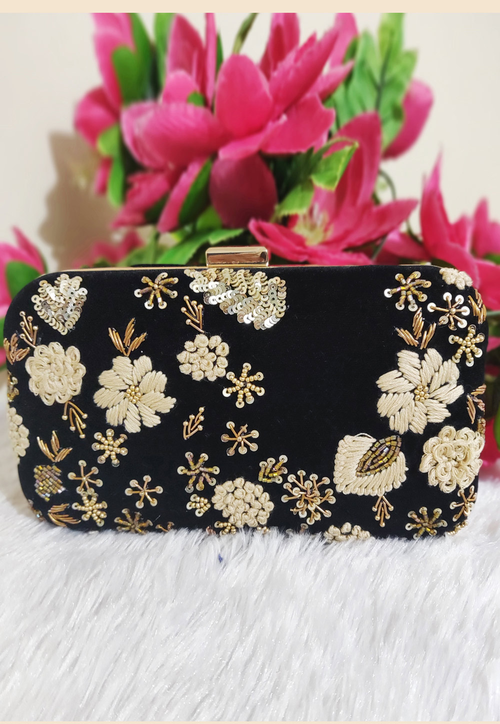 Black Synthetic Embroidered Clutch 189357