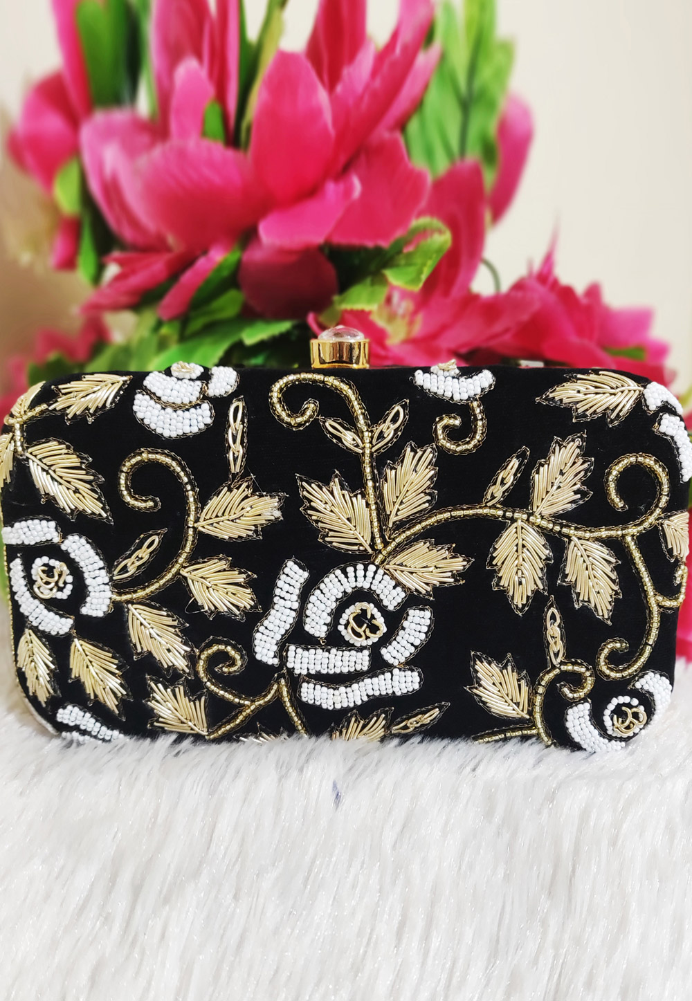 Black Synthetic Embroidered Clutch 189360