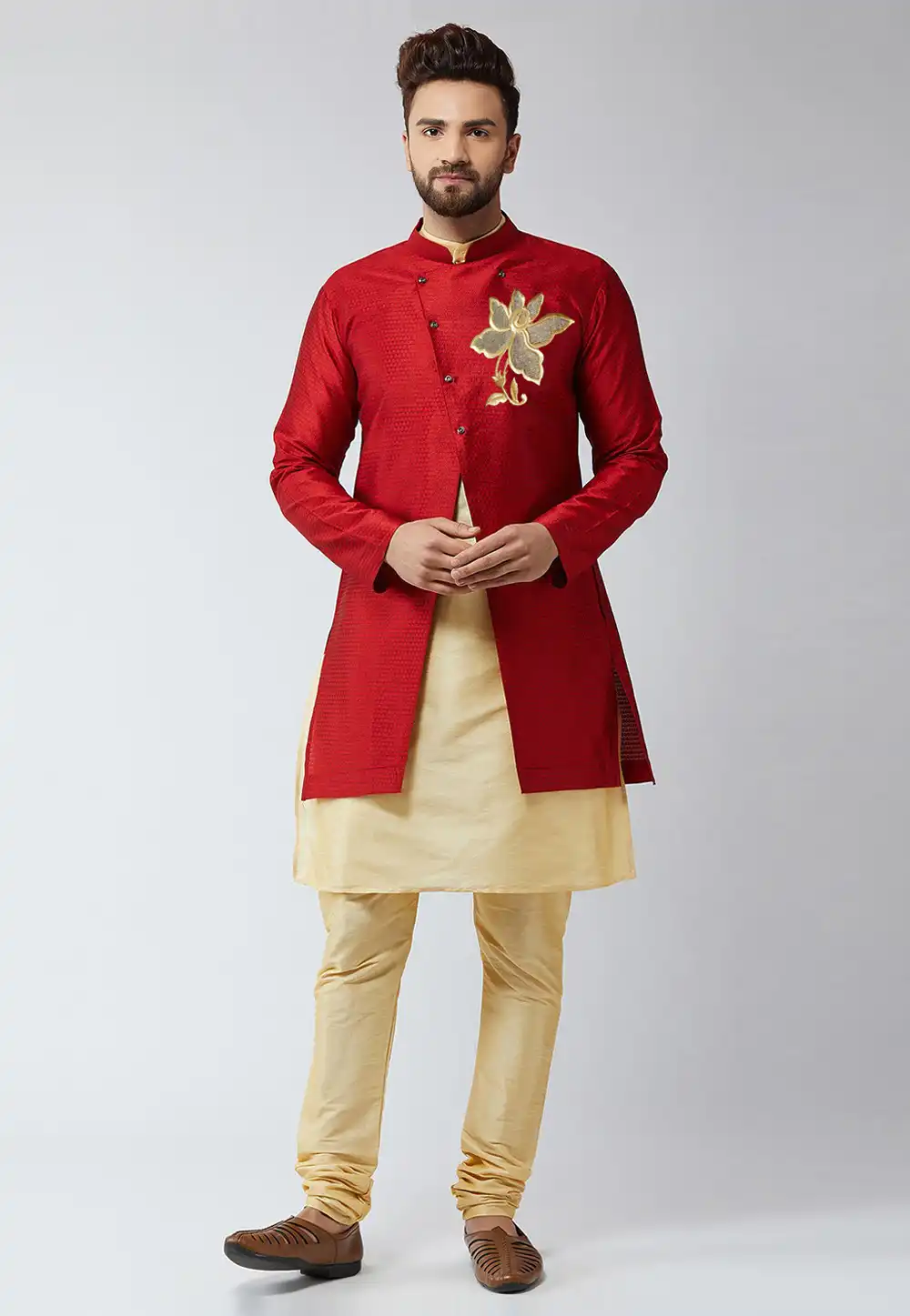 Beige Dupion Silk Kurta Pajama With Jacket 276209