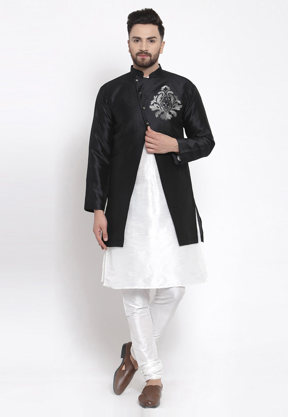 White Dupion Silk Kurta Pajama With Jacket 276210
