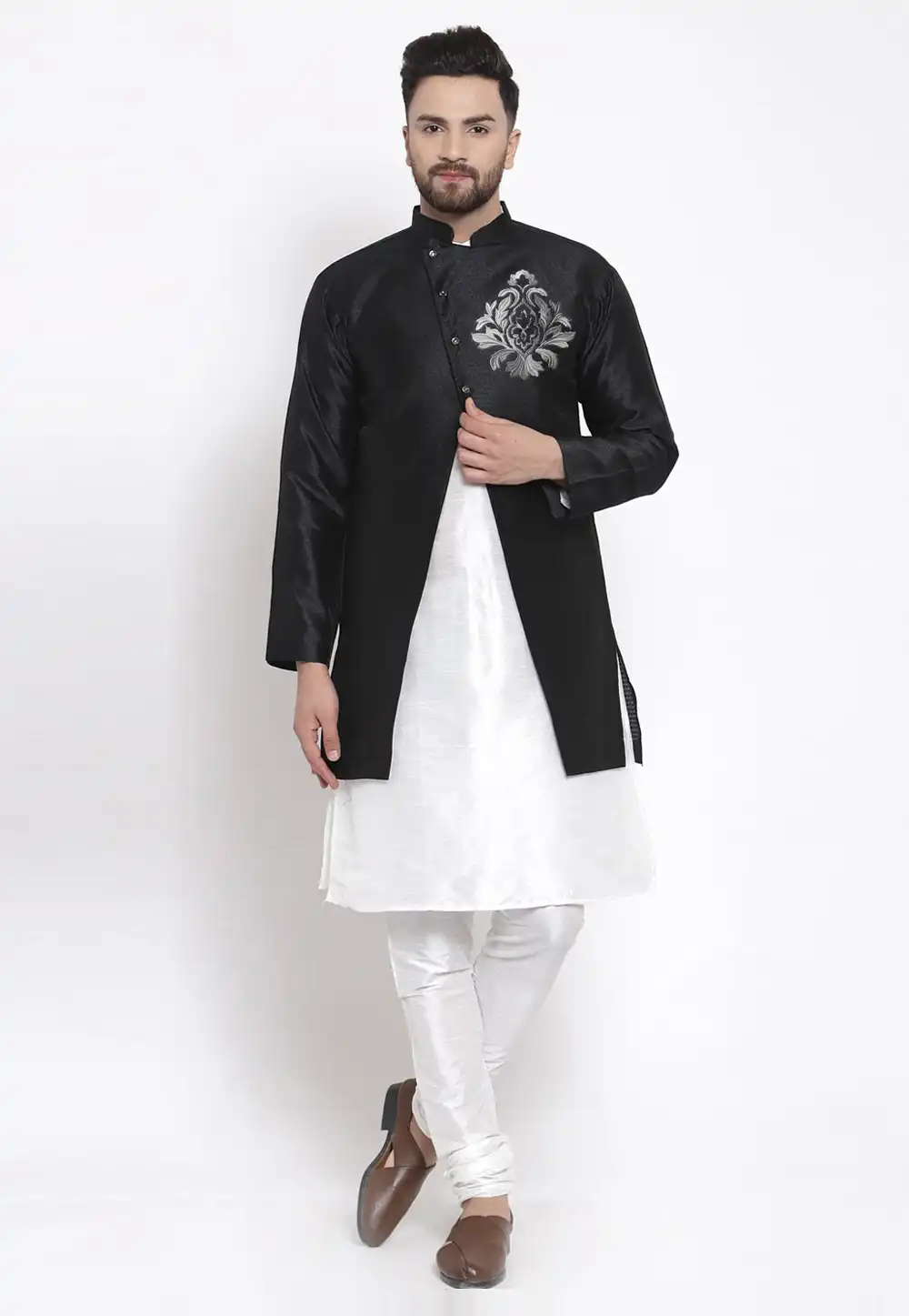 White Dupion Silk Kurta Pajama With Jacket 276210