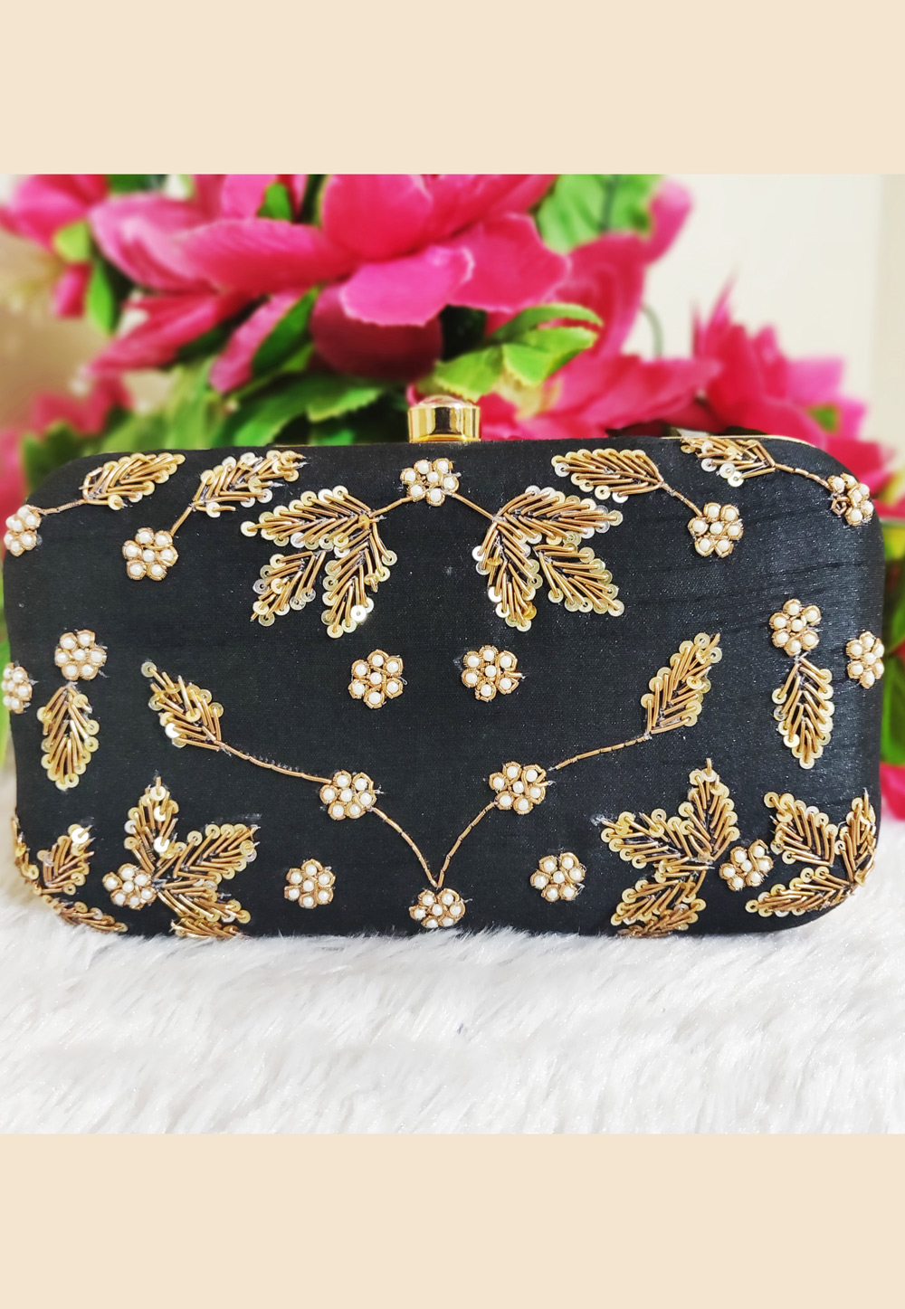 Black Synthetic Embroidered Clutch 189384