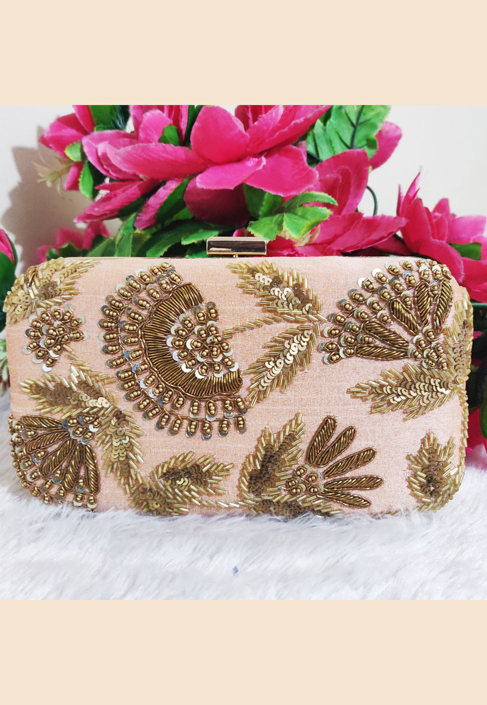 Light Pink Synthetic Embroidered Clutch 189386