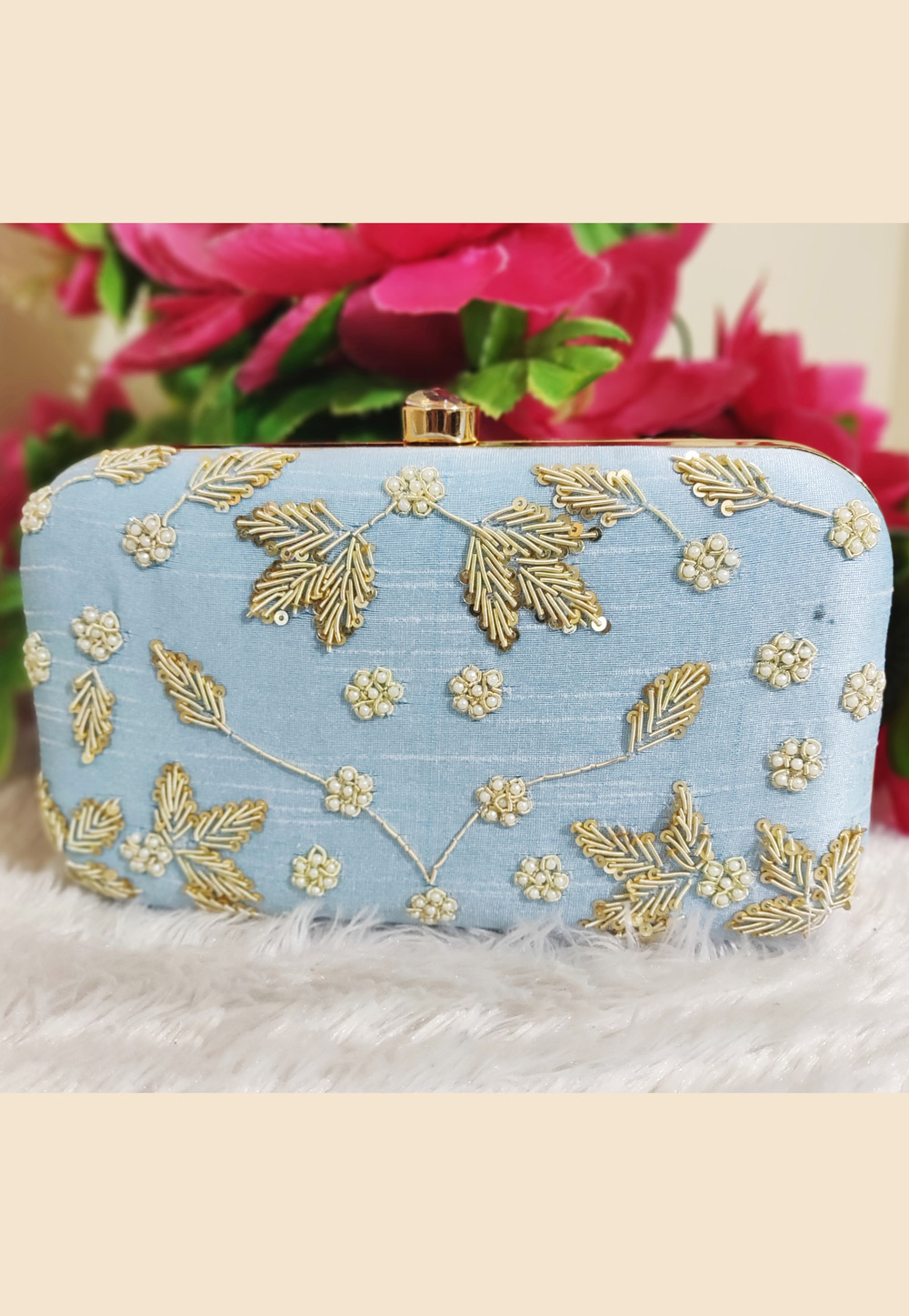 Sky Blue Synthetic Embroidered Clutch 189394