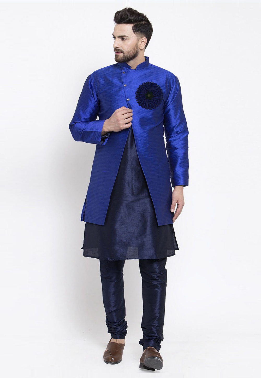 Navy Blue Dupion Silk Kurta Pajama With Jacket 276213