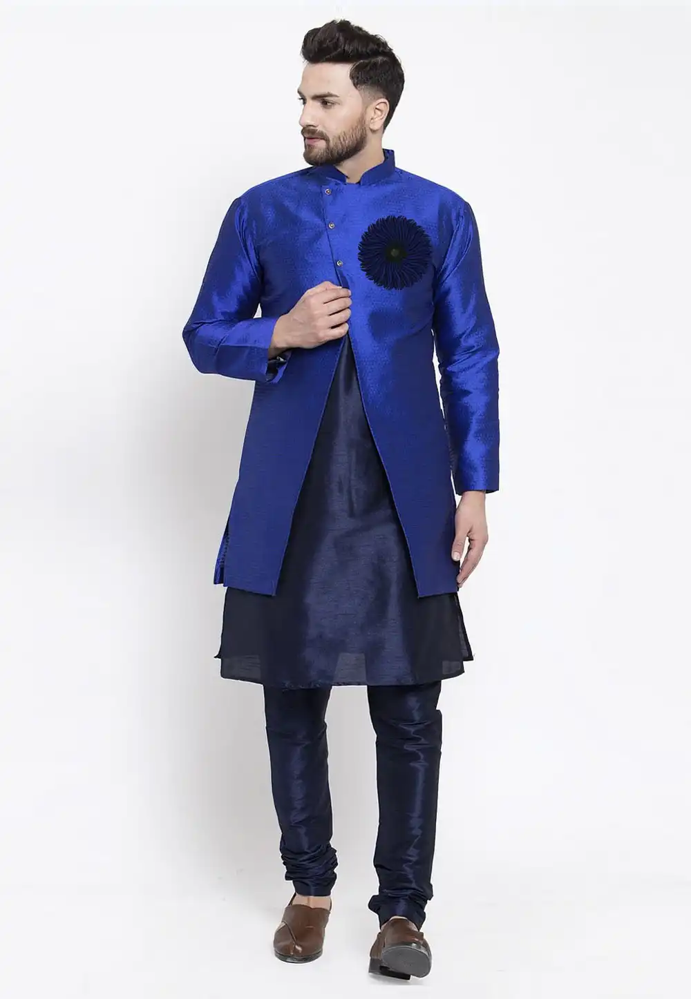 Navy Blue Dupion Silk Kurta Pajama With Jacket 276213