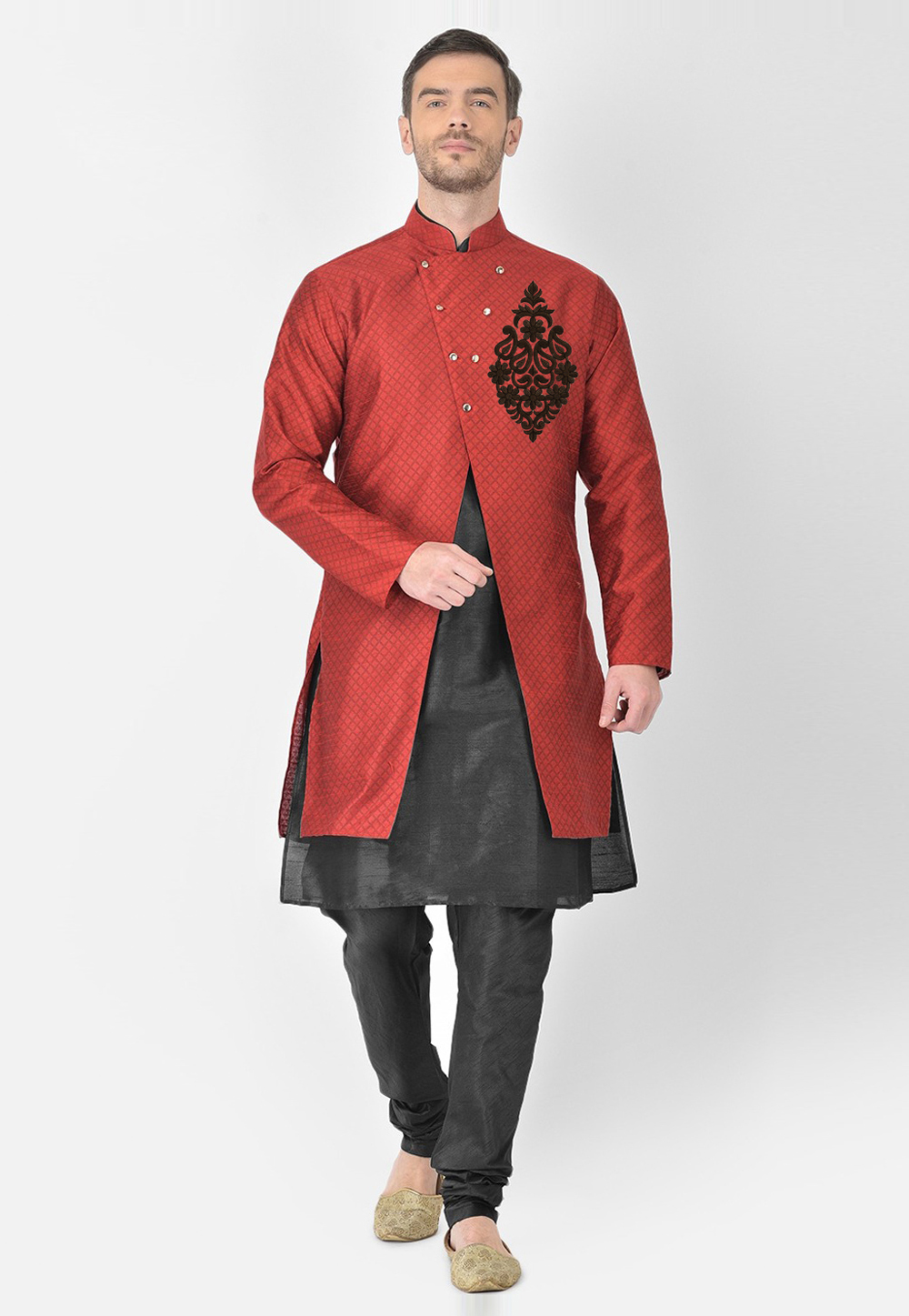 Black Dupion Silk Kurta Pajama With Jacket 276214