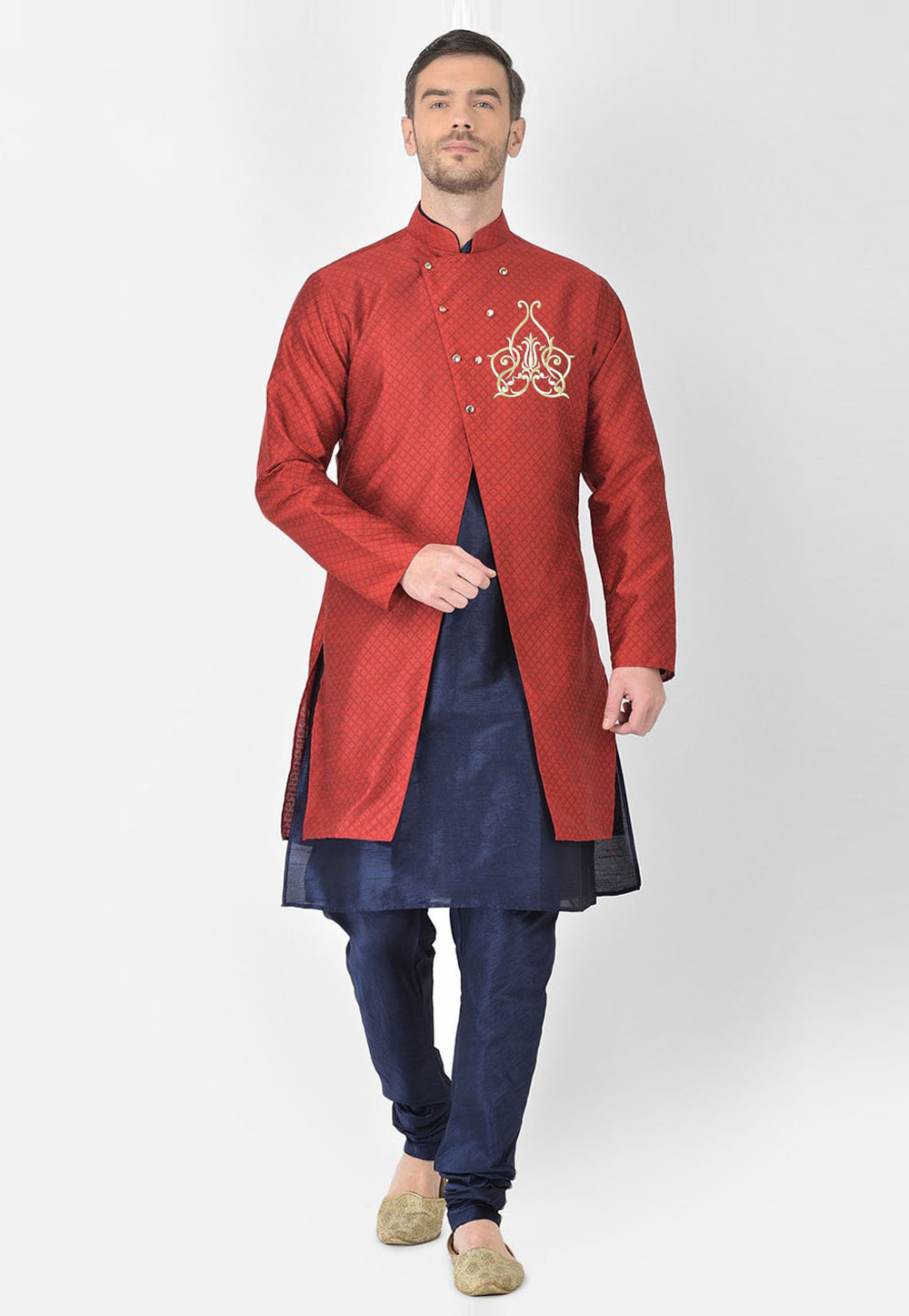 Navy Blue Dupion Silk Kurta Pajama With Jacket 276216