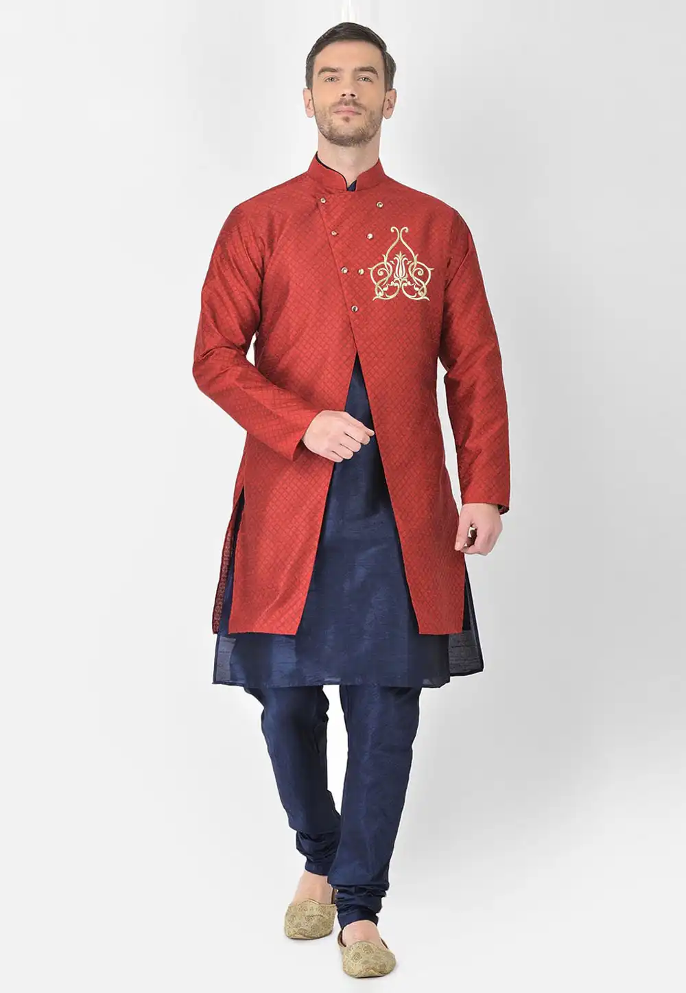 Navy Blue Dupion Silk Kurta Pajama With Jacket 276216
