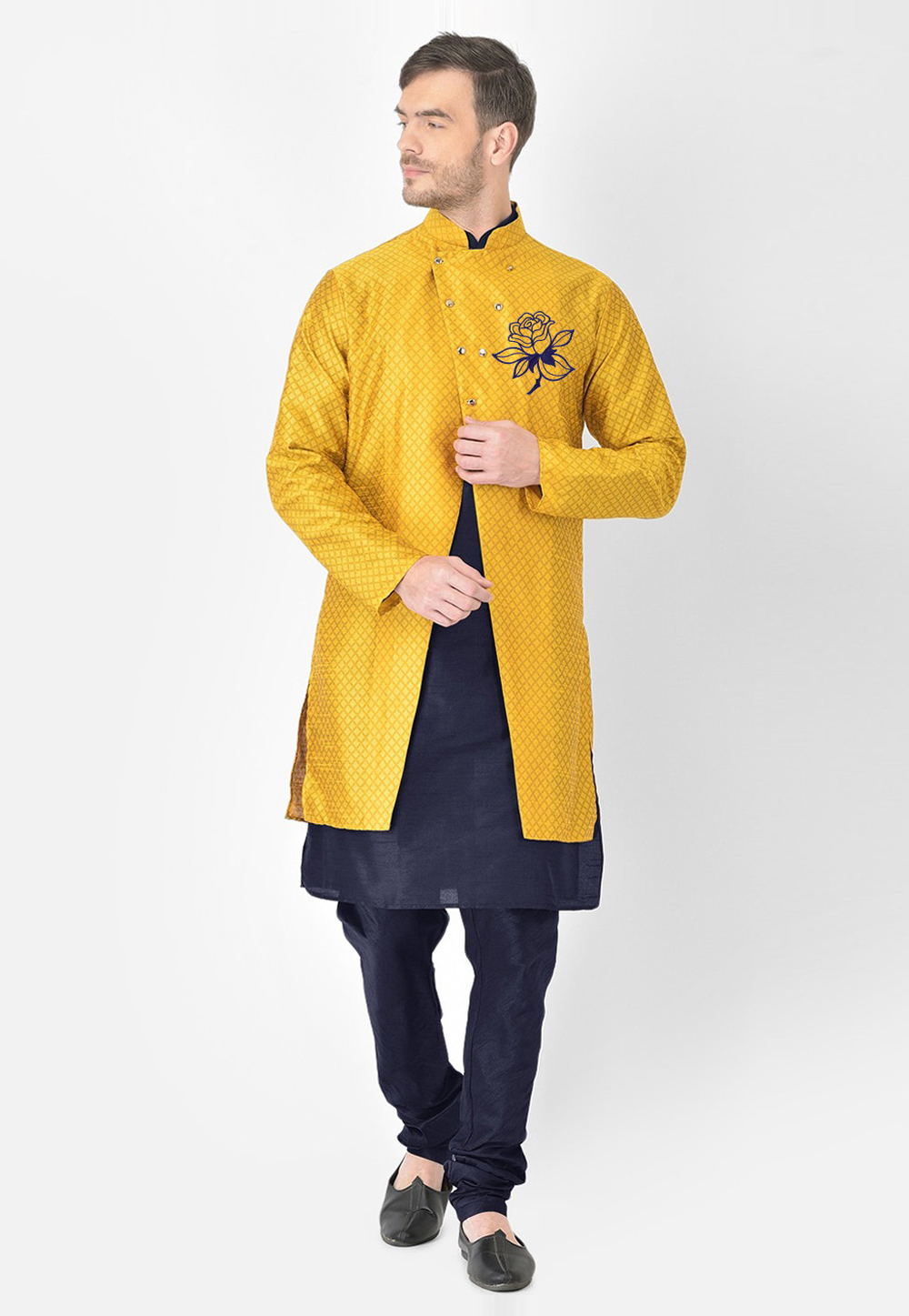 Navy Blue Dupion Silk Kurta Pajama With Jacket 276217
