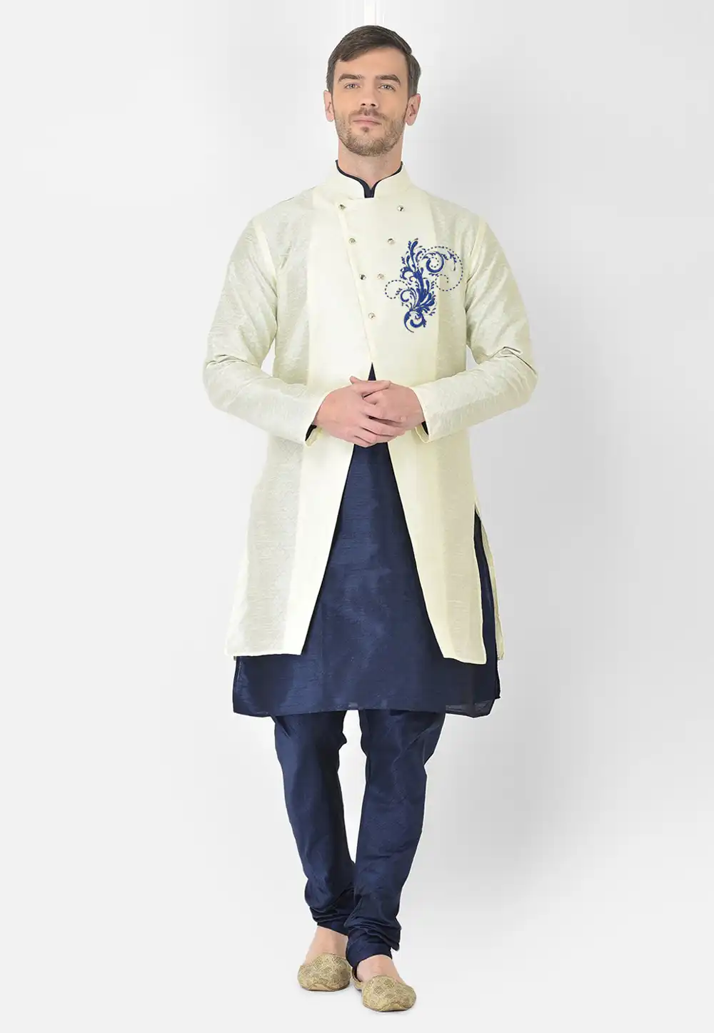 Navy Blue Dupion Silk Kurta Pajama With Jacket 276218