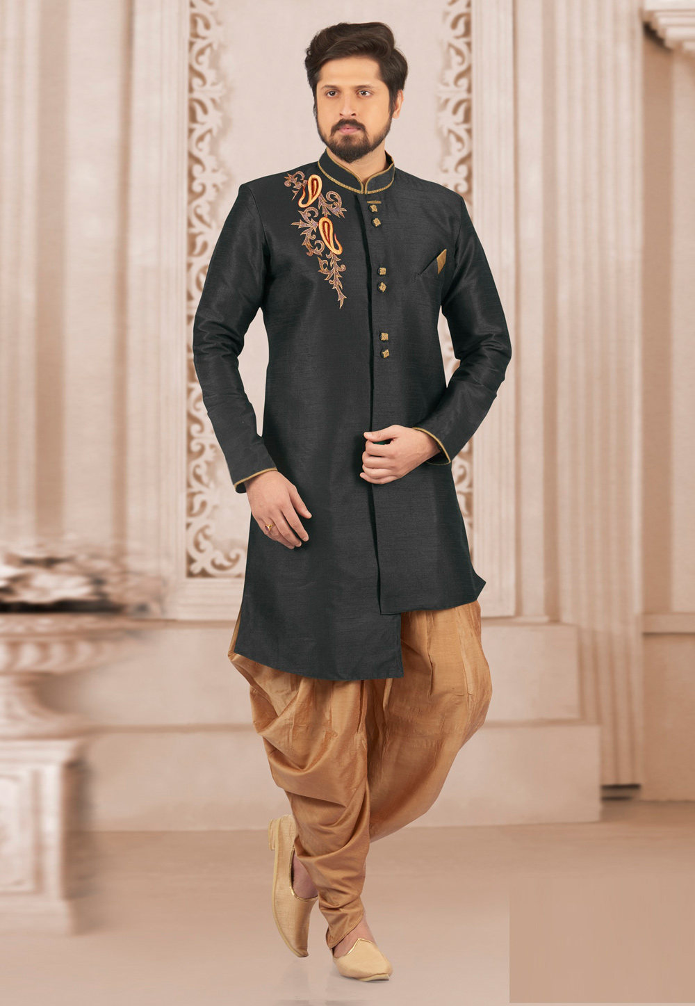 Black Dupion Silk Indo Western Suit 276219