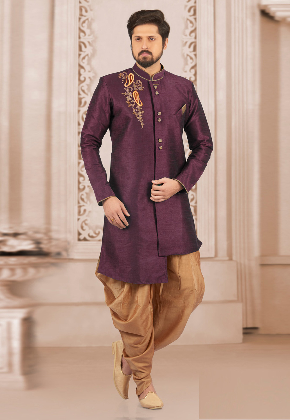 Wine Dupion Silk Indo Western Suit 276221
