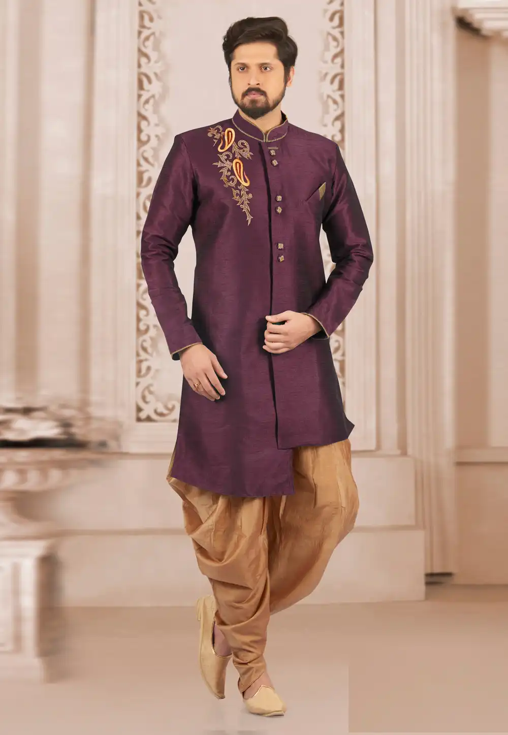 Wine Dupion Silk Indo Western Suit 276221