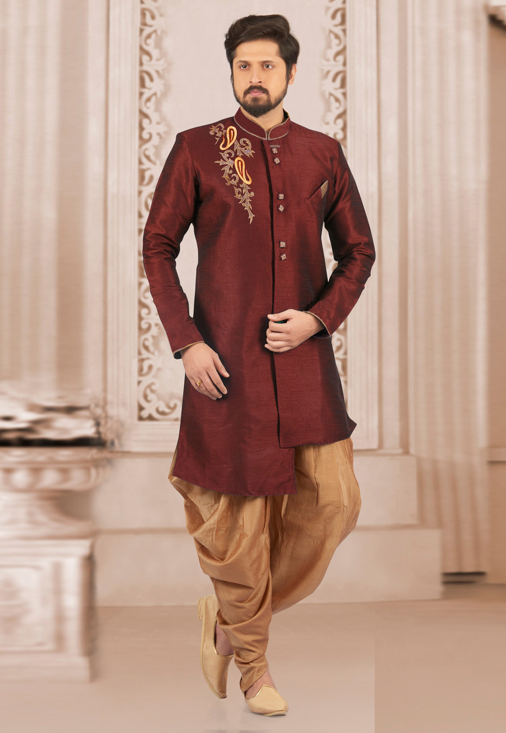 Maroon Dupion Silk Indo Western Suit 276223