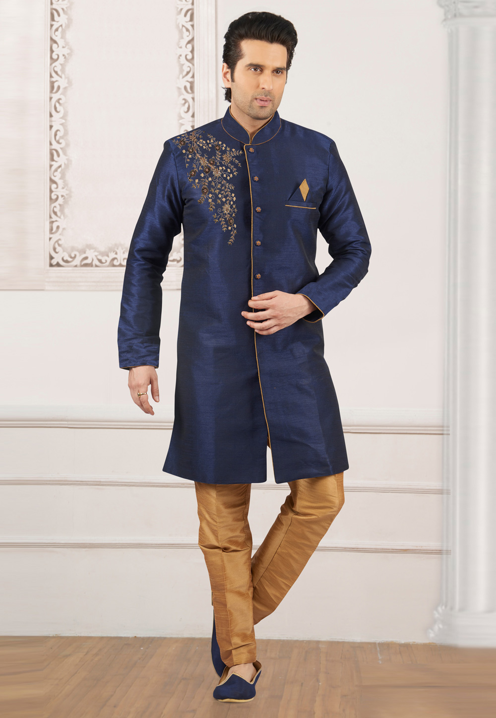 Navy Blue Dupion Silk Indo Western Suit 276226