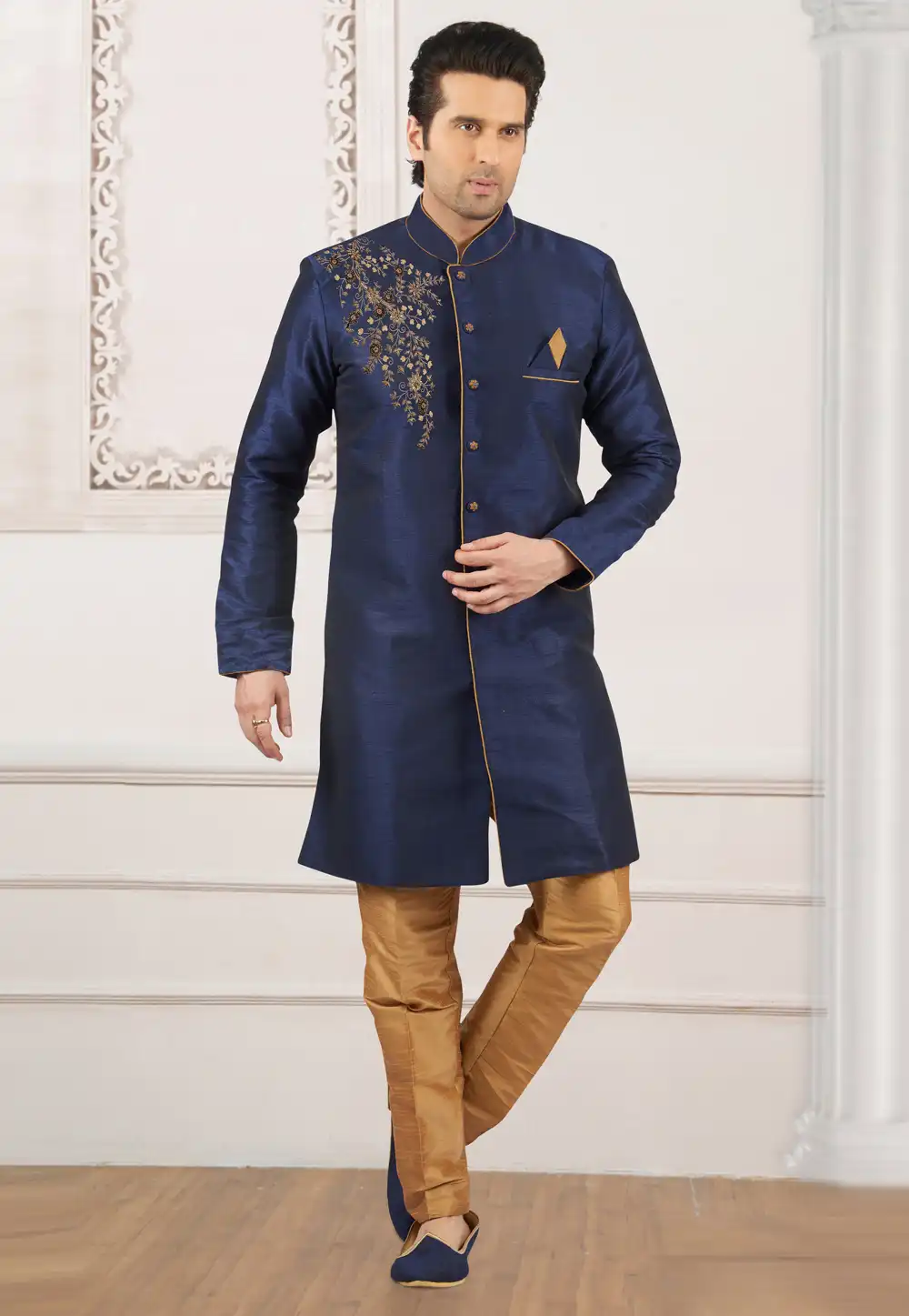 Navy Blue Dupion Silk Indo Western Suit 276226
