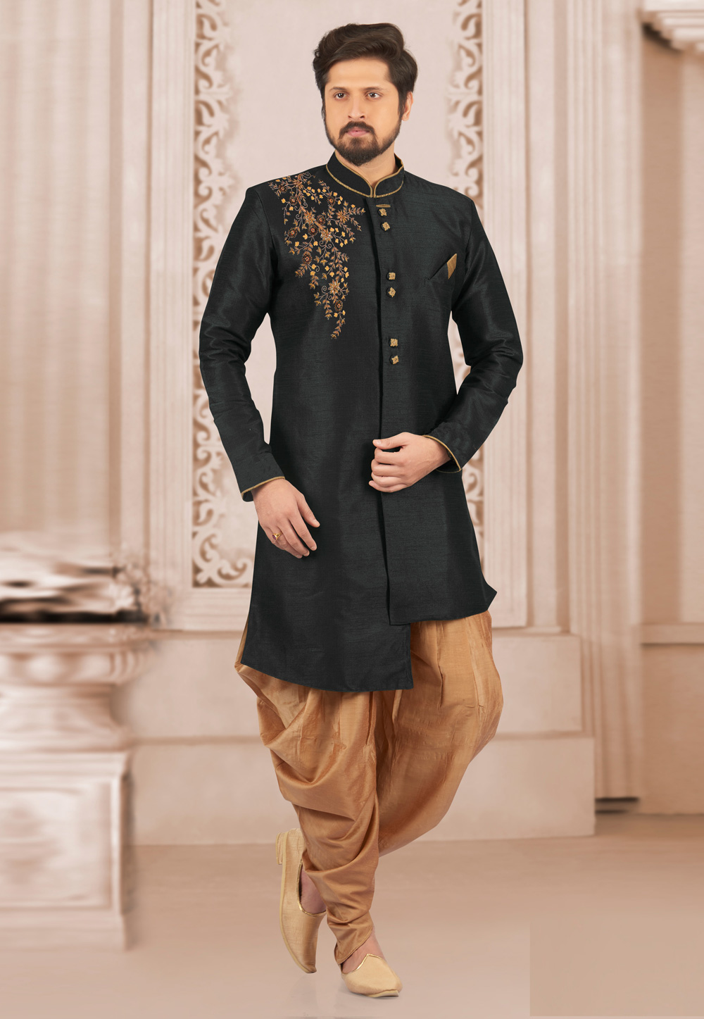 Black Dupion Silk Indo Western Suit 276227