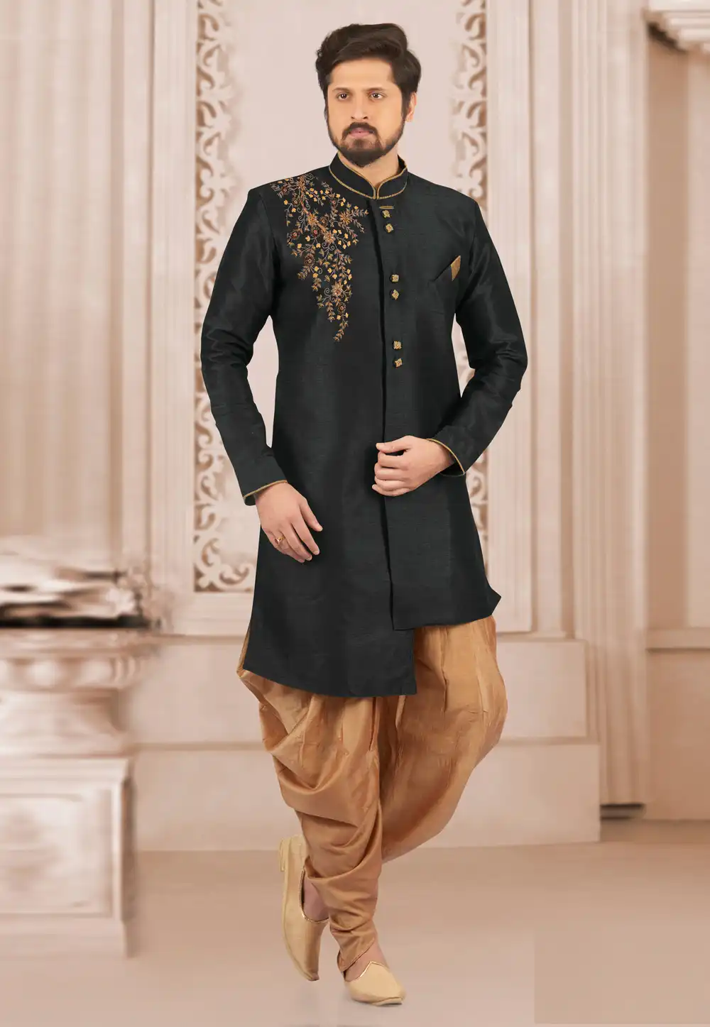 Black Dupion Silk Indo Western Suit 276227