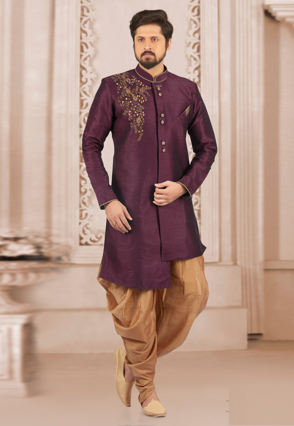 Wine Dupion Silk Indo Western Suit 276229