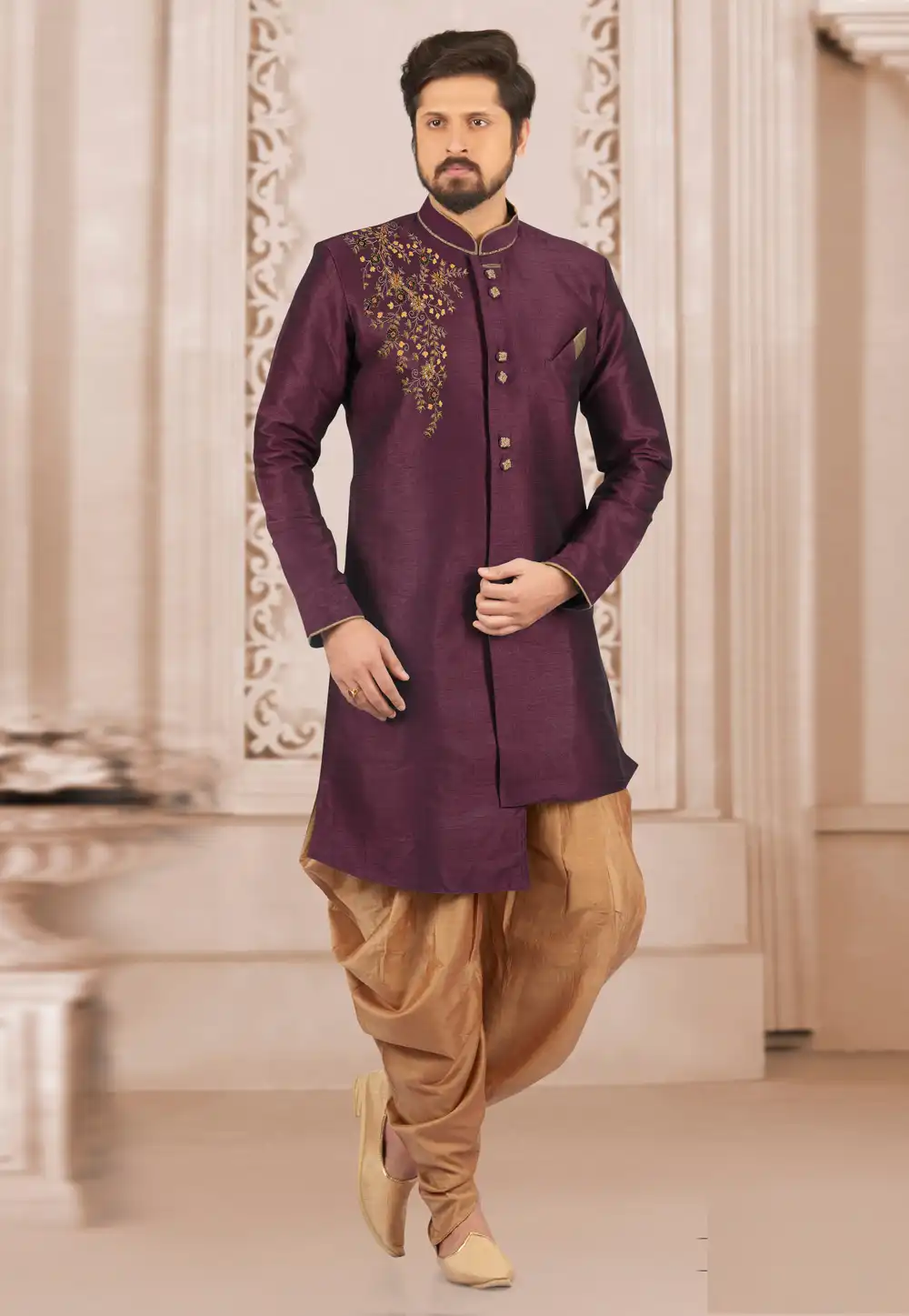 Wine Dupion Silk Indo Western Suit 276229