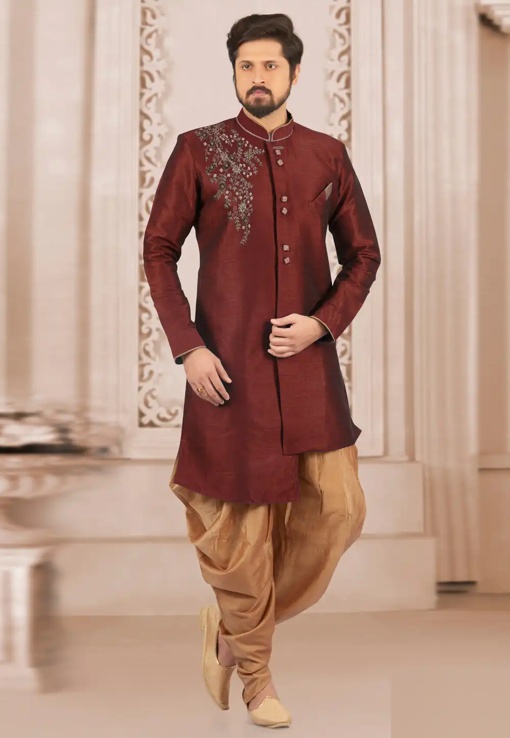 Maroon Dupion Silk Indo Western Suit 276231
